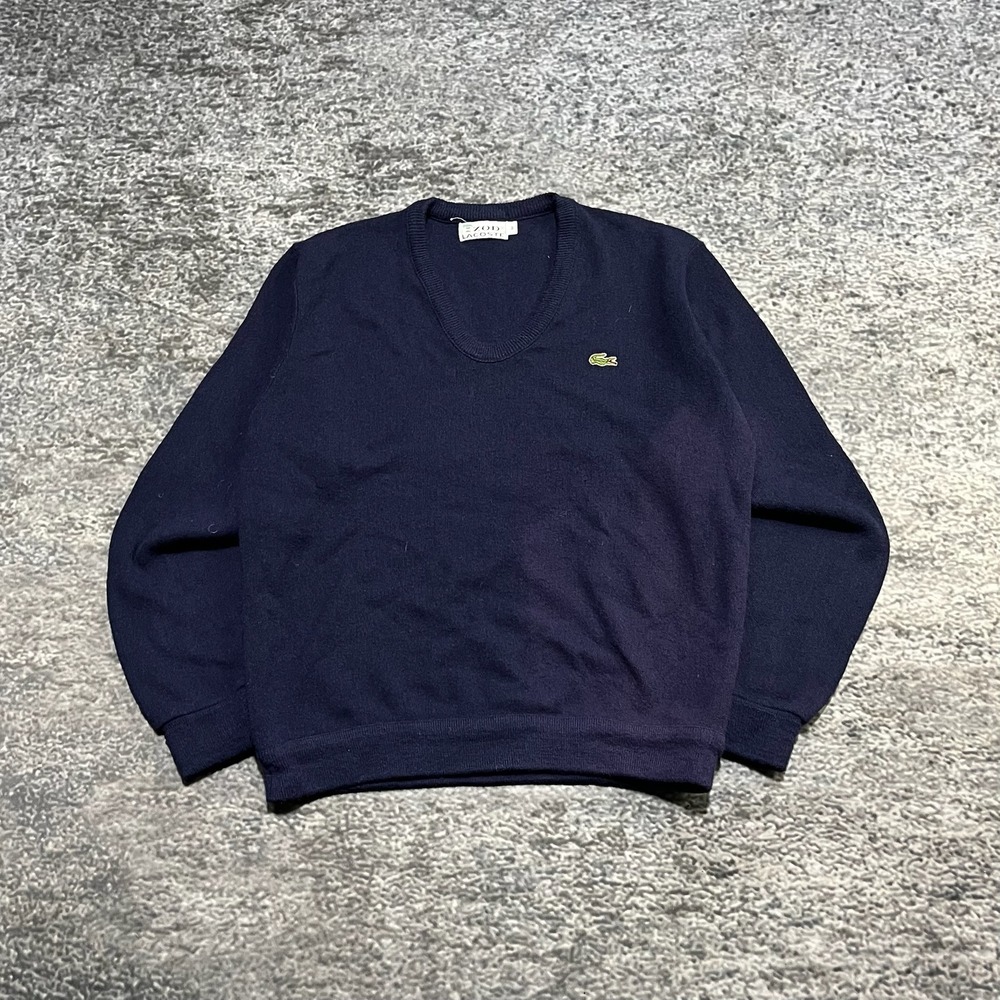 Vintage 80s 90s IZOD Lacoste Sweater V-Neck Medium Blue Gator Grandpa Acrylic